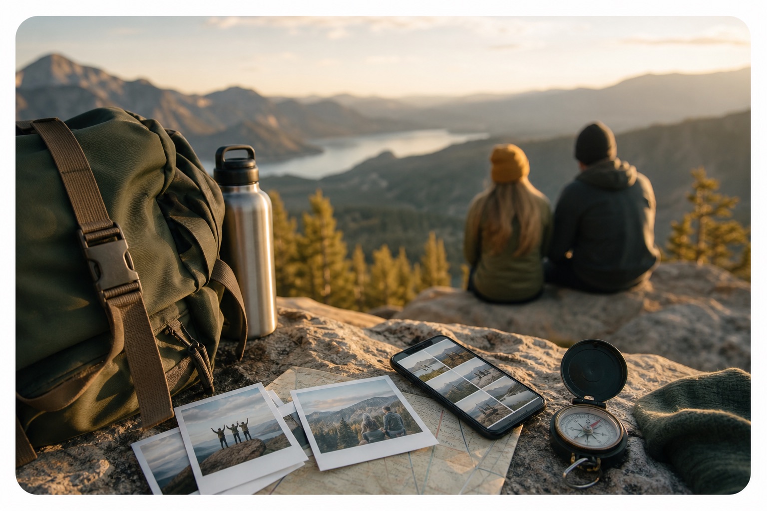 Adventure trail viewpoint with hiking gear, map, and memory photos