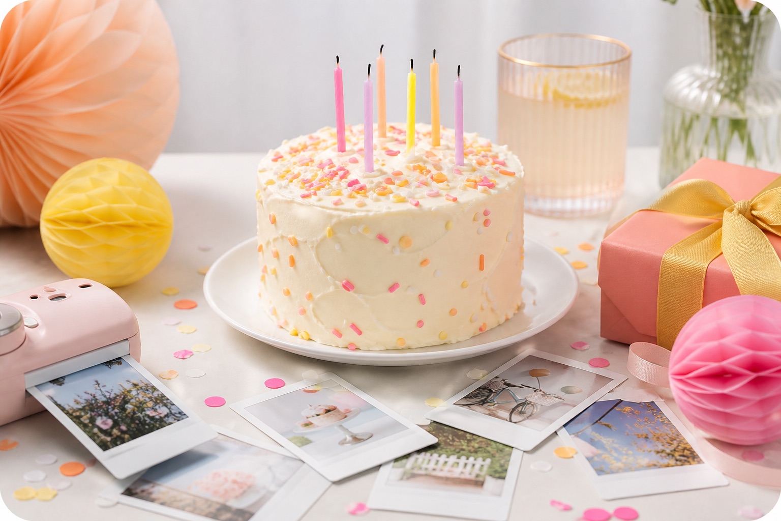 Birthday cake with candles, party details, and printed photos