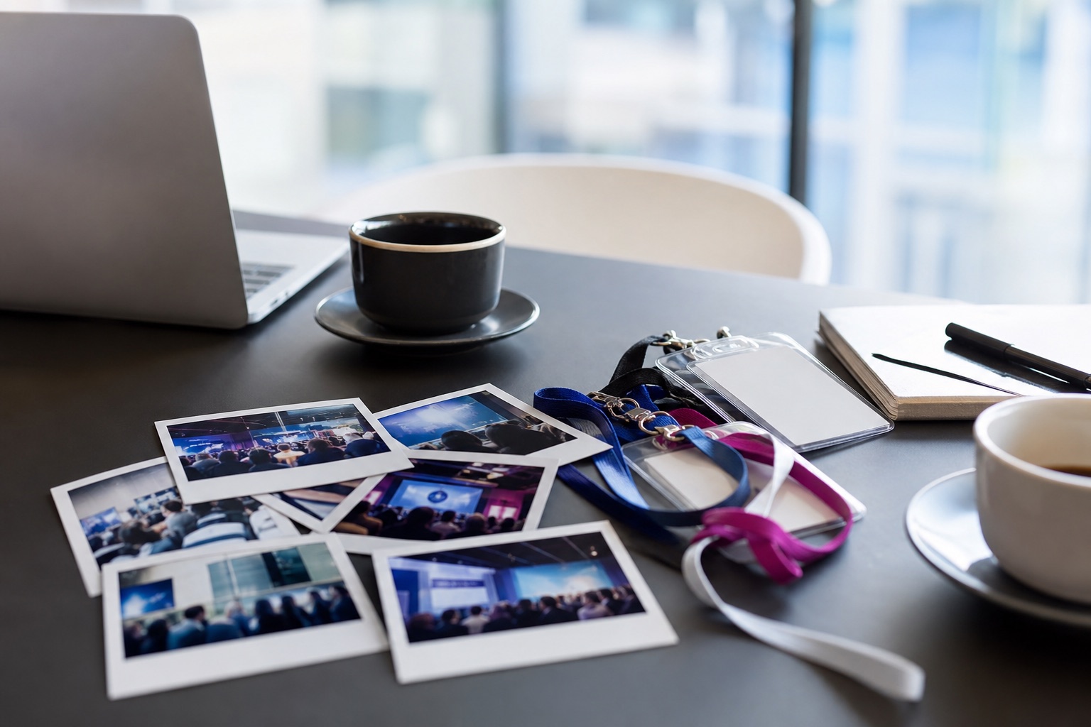 Corporate event table with conference photos, lanyards, and coffee