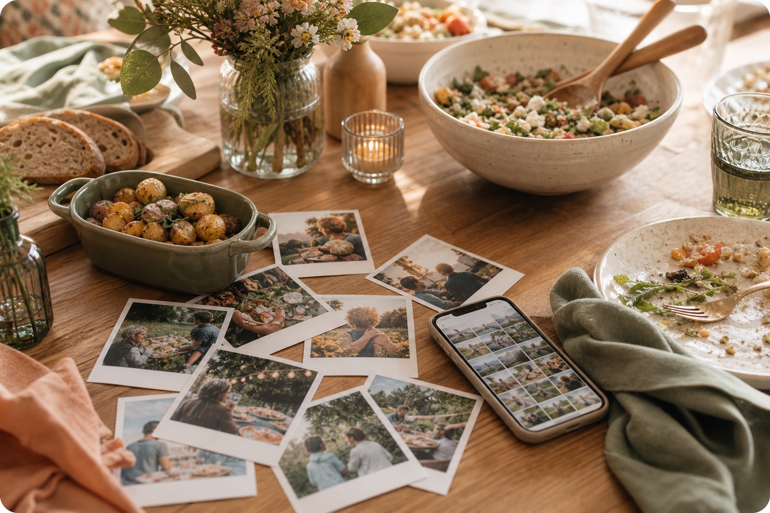 Cozy family meal table with shared photos and a phone gallery