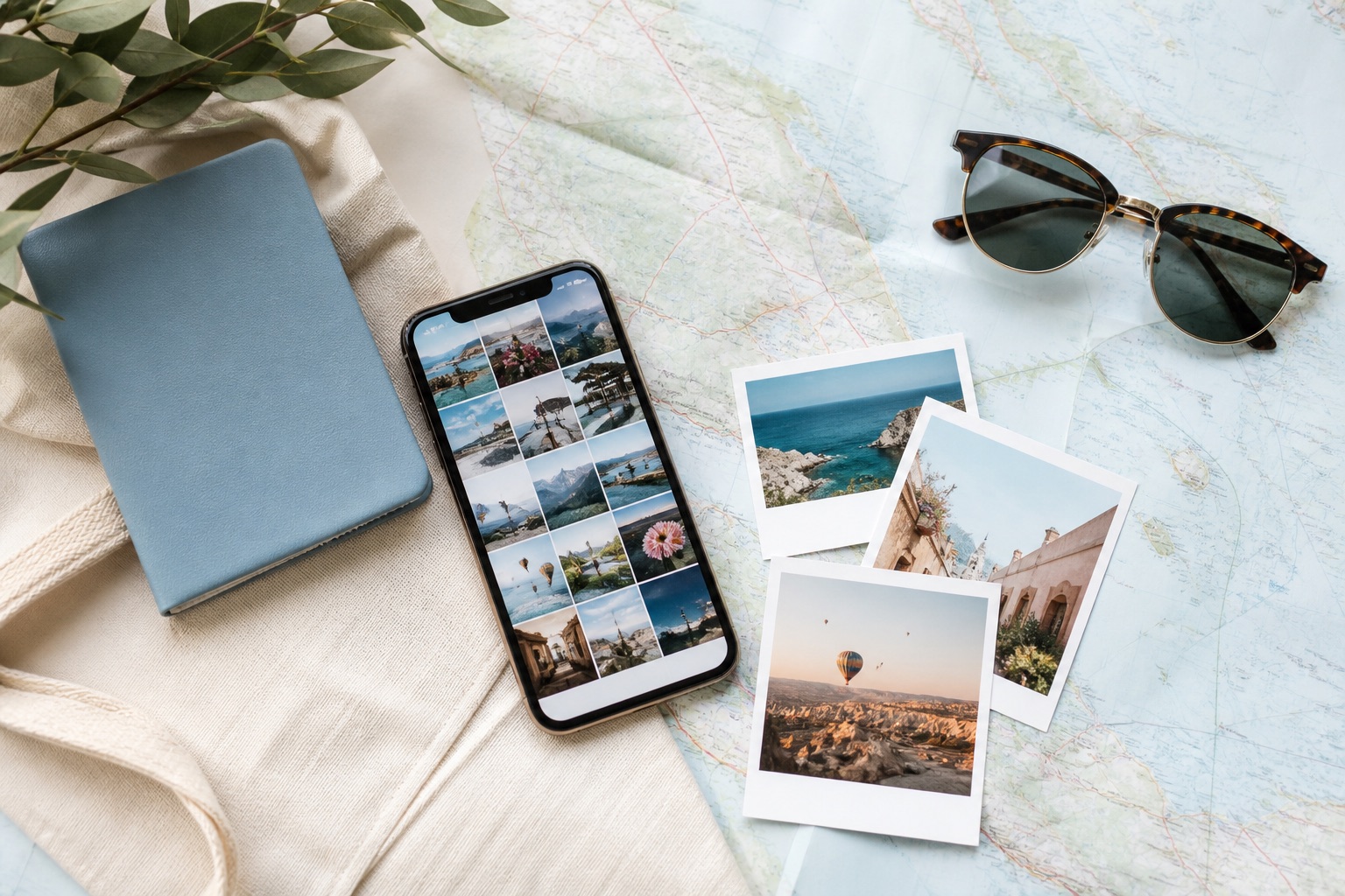 Travel map, phone gallery, sunglasses, and trip photos