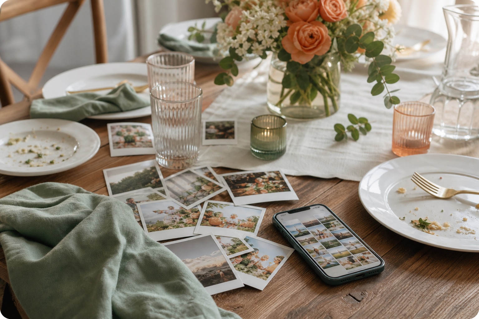 Wedding table with flowers, keepsake photos, and a phone gallery
