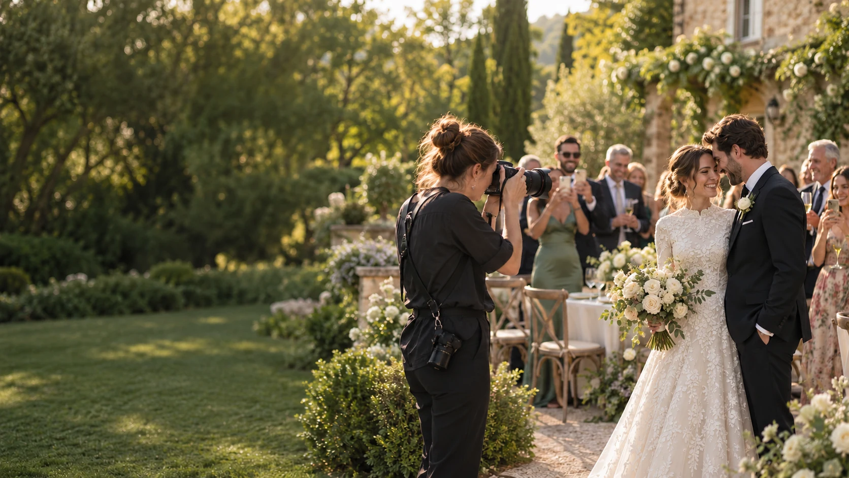 A professional photographer capturing a wedding couple while guests take photos on their phones