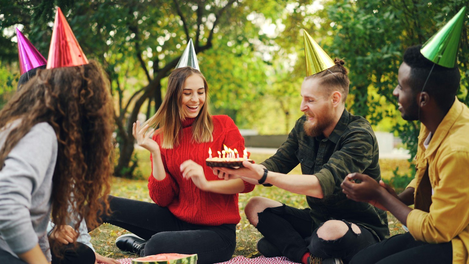 Friends celebrating a birthday together