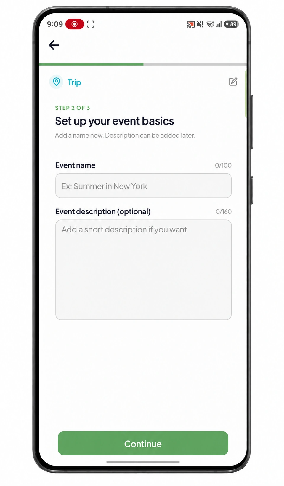 Event name and details in PhotoTrail