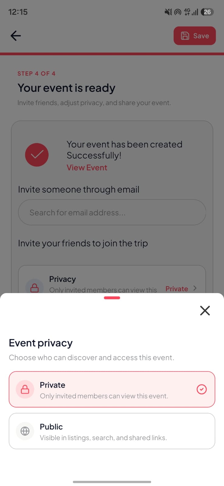 PhotoTrail event privacy screen showing private and public options