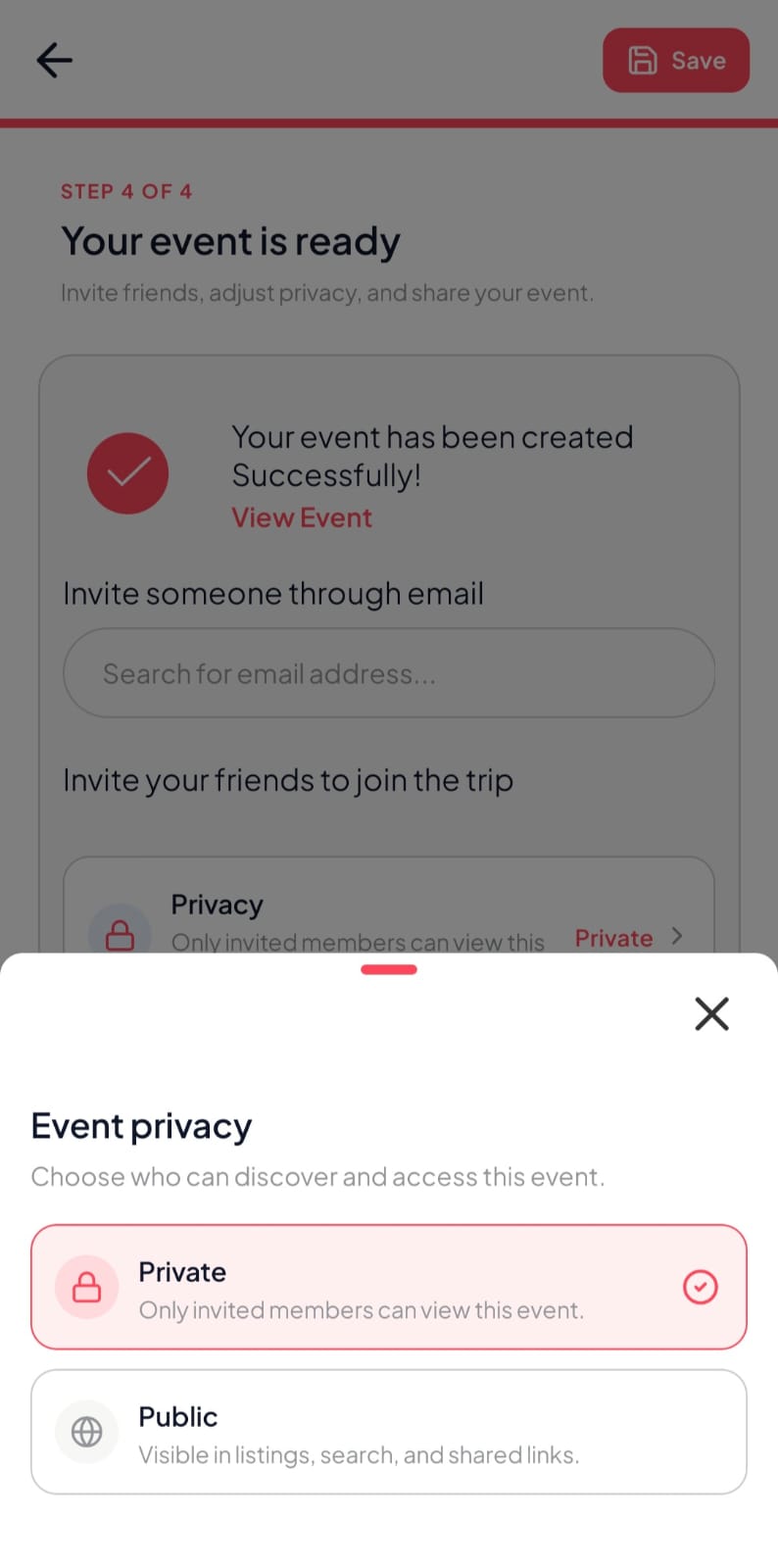 PhotoTrail event screen on a phone